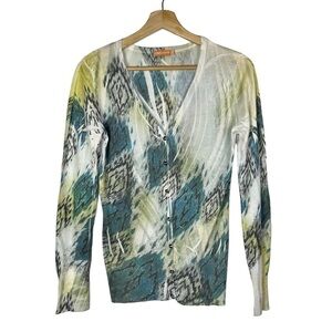 Boutique Cut Cute Y2K Blue & Green Printed Button Down‎ Cardigan Sweater S